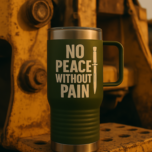 No Peace Without Pain, Stainless Steel Travel Mug, Blunt Truth Co. Grit Gear for the Road