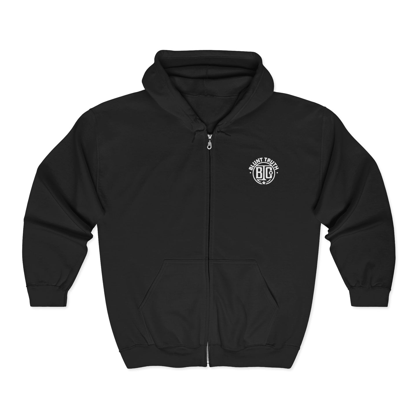 Blunt Truth Co. Black Zip Hoodie | Minimalist Streetwear | Gritty Industrial Aesthetic | Unisex Heavy Blend Sweatshirt