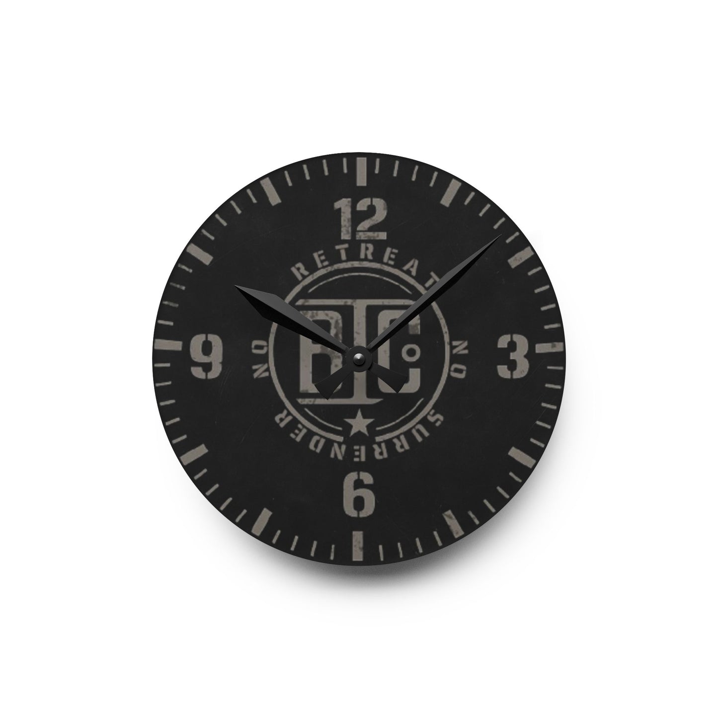 BTC Wall Clock, No Retreat No Surrender, Blunt Truth Co., Military Stencil Style, Gritty Black and Gray, Man Cave or Garage Decor