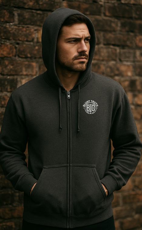 Blunt Truth Co. Black Zip Hoodie | Minimalist Streetwear | Gritty Industrial Aesthetic | Unisex Heavy Blend Sweatshirt