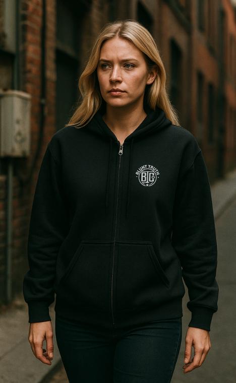Blunt Truth Co. Black Zip Hoodie | Minimalist Streetwear | Gritty Industrial Aesthetic | Unisex Heavy Blend Sweatshirt