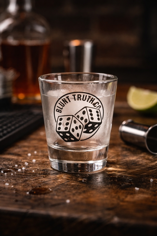 Locked Sixes Dice Shot Glass, Gritty Motivational Barware, Blunt Truth Co. Logo, Whiskey, Tequila, Party Gift for Gamblers & Risk Takers