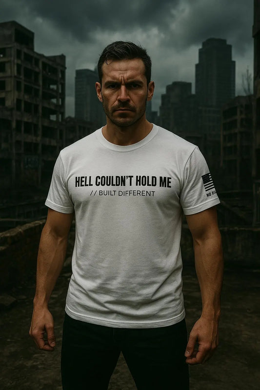 Motivational Gym Tee, Hell Couldn't Hold Me quote, Blunt Truth CO, Bold Statement Apparel