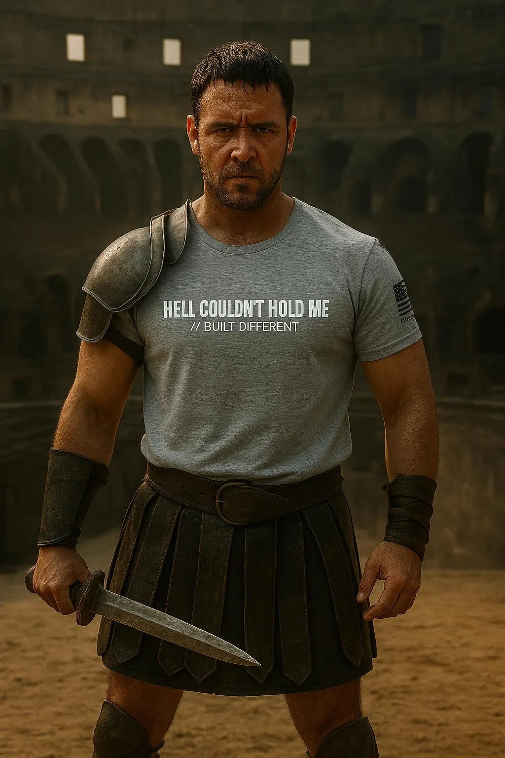Motivational Gym Tee, Hell Couldn't Hold Me quote, Blunt Truth CO, Bold Statement Apparel