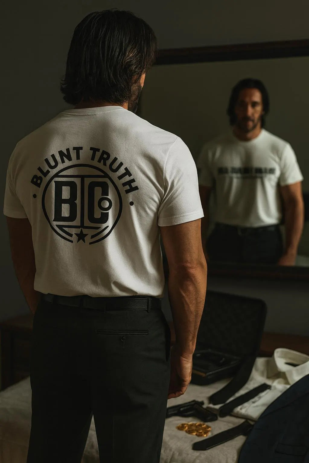 Motivational Gym Tee, Hell Couldn't Hold Me quote, Blunt Truth CO, Bold Statement Apparel