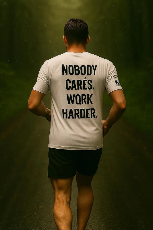 Nobody Cares Work Harder, Motivational Gym Shirt, Blunt Truth CO, Unisex Tee with Back Print, Sleeve Graphic