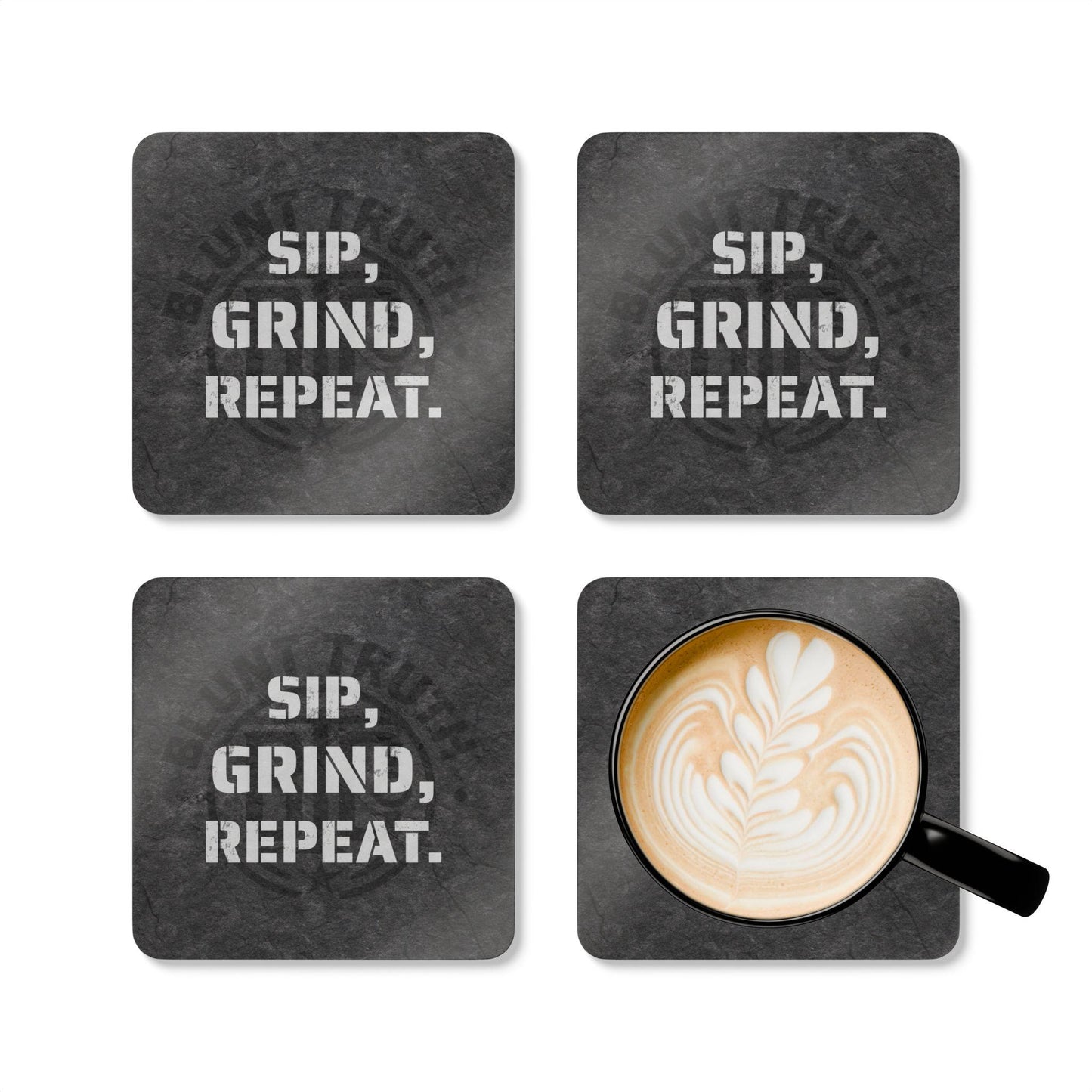 Sip Grind Repeat Coaster Set of 4 | Blunt Truth Co. | Motivational Drink Coasters for Coffee, Whiskey, Beer | Gritty Stone Bar Decor