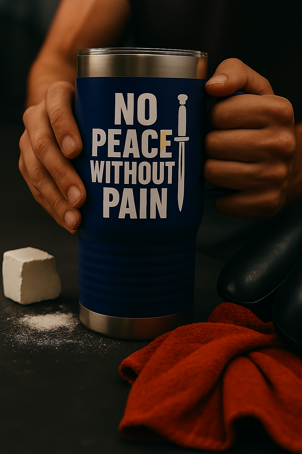 No Peace Without Pain, Stainless Steel Travel Mug, Blunt Truth Co. Grit Gear for the Road