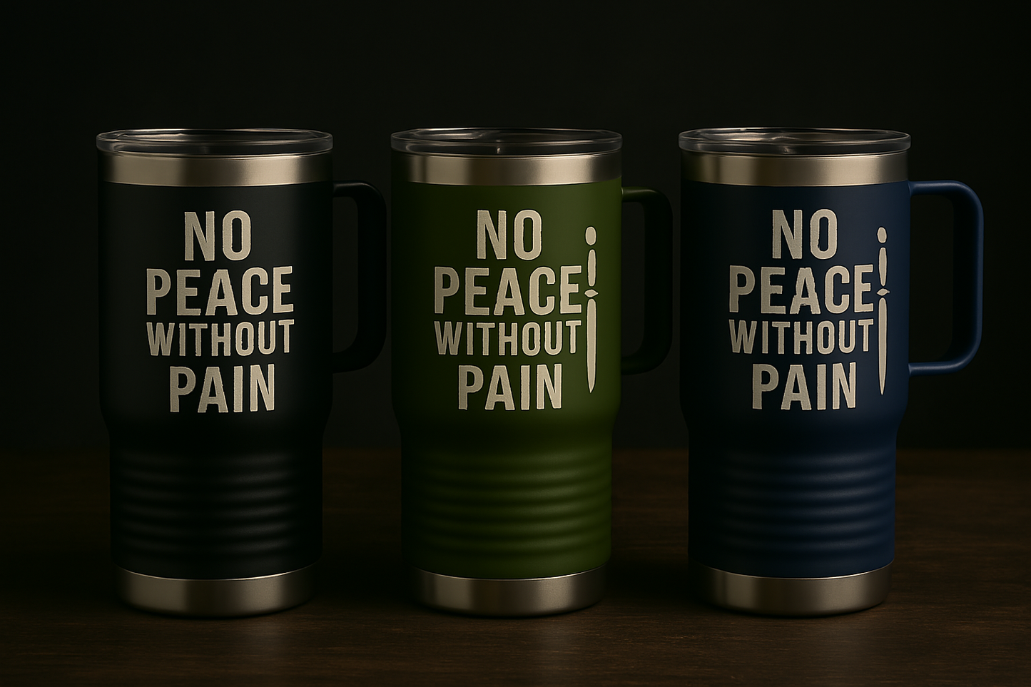 No Peace Without Pain, Stainless Steel Travel Mug, Blunt Truth Co. Grit Gear for the Road