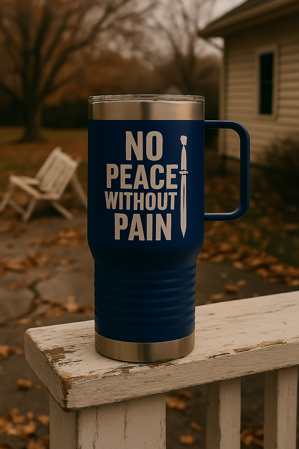 No Peace Without Pain, Stainless Steel Travel Mug, Blunt Truth Co. Grit Gear for the Road