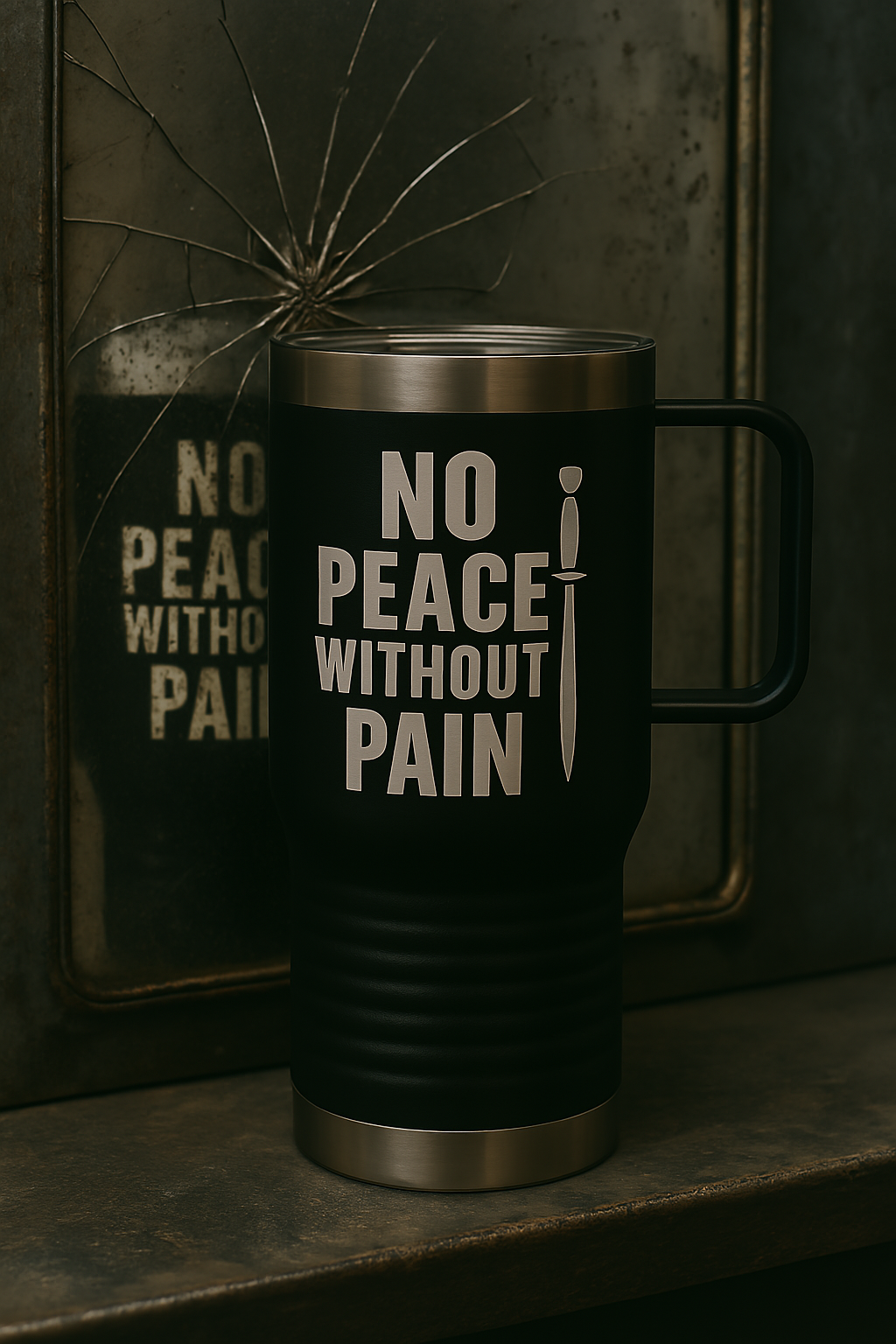 No Peace Without Pain, Stainless Steel Travel Mug, Blunt Truth Co. Grit Gear for the Road