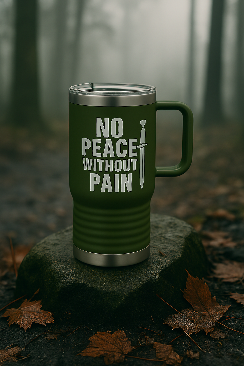 No Peace Without Pain, Stainless Steel Travel Mug, Blunt Truth Co. Grit Gear for the Road