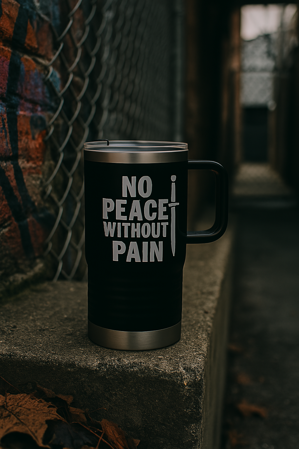 No Peace Without Pain, Stainless Steel Travel Mug, Blunt Truth Co. Grit Gear for the Road